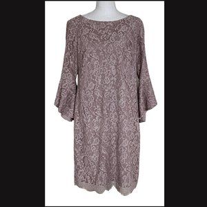 LESLIE FAY Mother of the Bride Mauve Lace with Bell Sleeve Dress Women's 12 VGC!